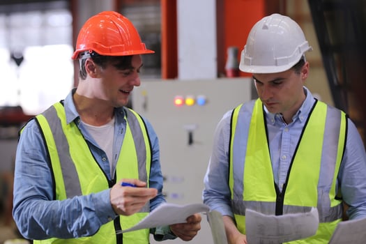 Industry worker Foreman or worker work at factory site check up machine or products in site. Engineer or Technician checking Material or Machine on Plant. Industrial and Factory. photo