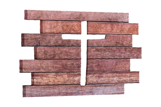 wood plank with christian religion symbol cross shape inside, isolated on white background. photo
