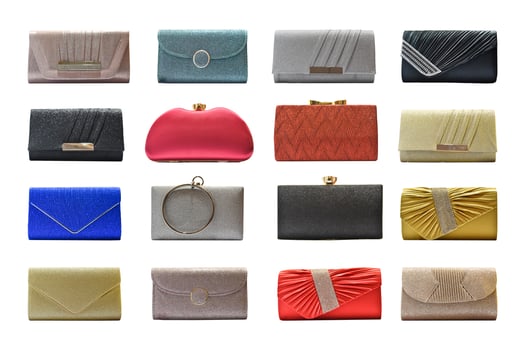 Collection of female clutch bag isolated on white background. Object with clipping path. photo