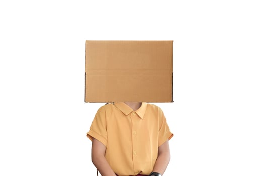 little girl wearing cardboard box on his head, Isolated on white background. photo