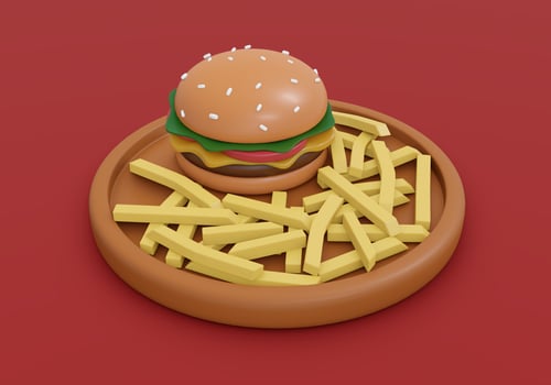 3d Rendering concept of food, American breakfast. Set of meal burger with french fries on red background. 3D Render. 3D illustration. Minimal design template. photo