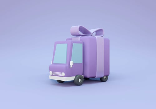 3D Rendering of delivery service. Truck with big gift box on purple background. 3D Render illustration. photo