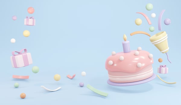 3D Rendering of birthday cake with candle and party popper popping confetti in pastel theme concept of birthday party background. 3D Render illustration. photo