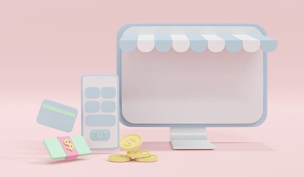 3D Rendering laptop with store facade, phone, a pack of dollar bill, credit card, coins on background concept of online shopping. 3D render. 3D illustration. photo