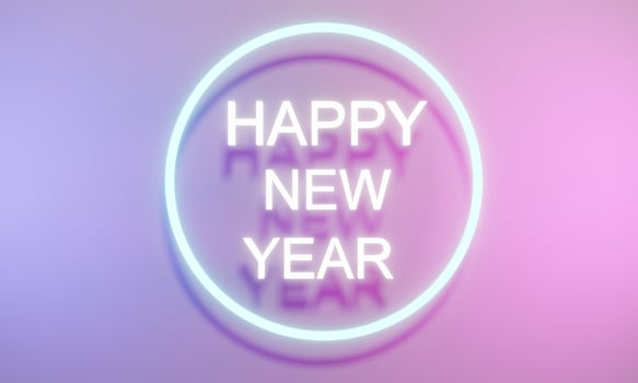 3D Rendering concept of Panorama banner of happy new year text with elements composition neon light background. 3D Render. 3D illustration. photo