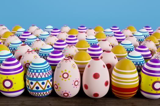 Colorful Easter eggs on wood 3D render photo