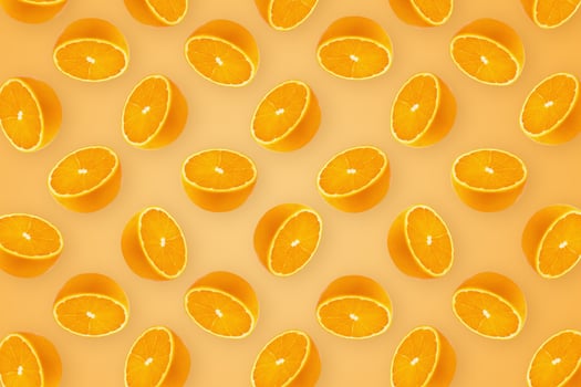 Oranges Fruit and Oranges Slices Healthy Food on orange wallpaper background photo