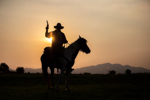 Silhouette Cowboy on horseback against a beautiful sunset, cowboy and horse at first light, mountain, river and lifestyle with natural light background photo