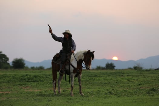 Cowboy on horseback against a beautiful sunset, cowboy and horse at first light, mountain, river and lifestyle with natural light background photo