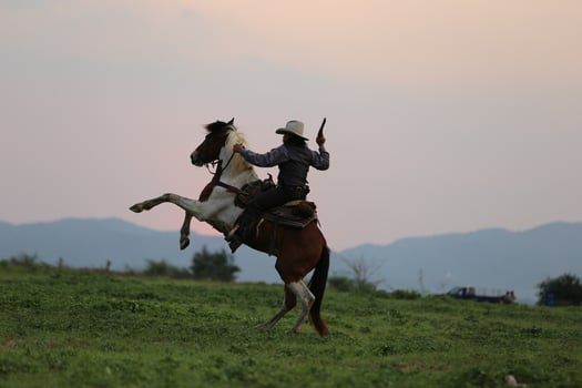 Cowboy on horseback against a beautiful sunset, cowboy and horse at first light, mountain, river and lifestyle with natural light background photo