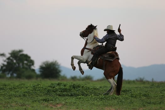 Cowboy riding horse with hand holding gun against sunset background. photo