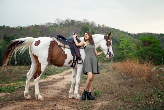 Young woman with her horse in evening sunset light. Outdoor photography with fashion model girl. Lifestyle mood photo