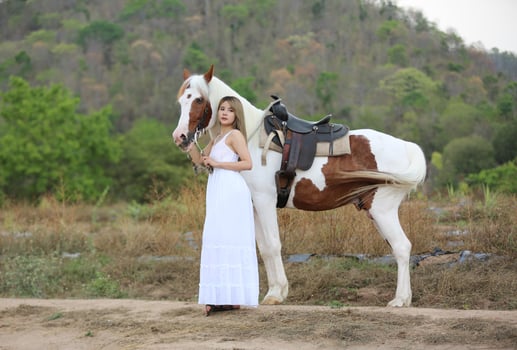 Young woman with her horse in evening sunset light. Outdoor photography with fashion model girl. Lifestyle mood photo