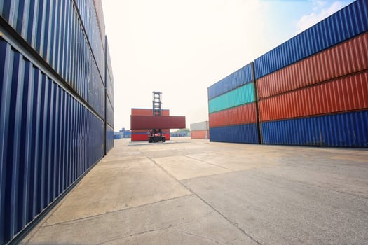 Container Cargo Port Ship Yard Storage Handling of Logistic Transportation Industry. Row of Stacking Containers of Freight Import Export Distribution Warehouse. Shipping Logistics Transport Industrial photo