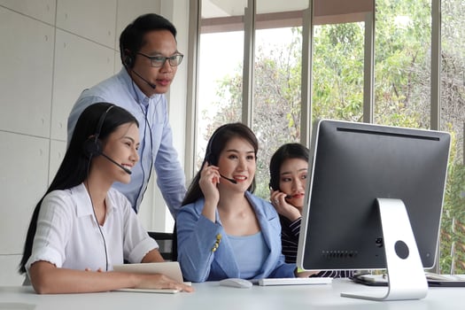 Service Team Concept. Operator or Contact Center Sale in Office, Information People Call Center, Quality Professional Team Sales Support Office. Environment Workplace Representative Company. photo