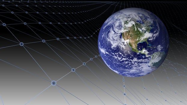 3D blockchain cityscape ,concept city network,Earth image provided by Nasa.Elements of this image furnished by NASA photo