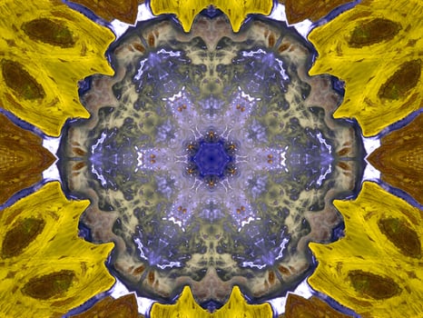 Reflection of colorful flowers in kaleidoscope pattern. Yellow and blue abstract background. Free photo. photo