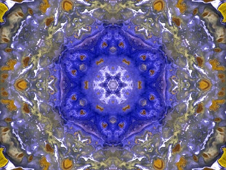 Reflection of colorful flowers in kaleidoscope pattern. Yellow and blue abstract background. Free photo. photo