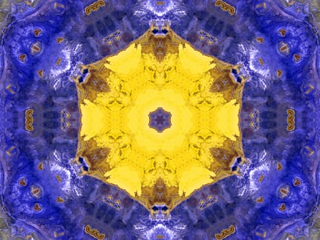 Reflection of colorful flowers in kaleidoscope pattern. Yellow and blue abstract background. Free photo. photo