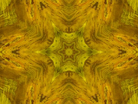 Reflection of colorful flowers in kaleidoscope pattern. Yellow and blue abstract background. Free photo. photo