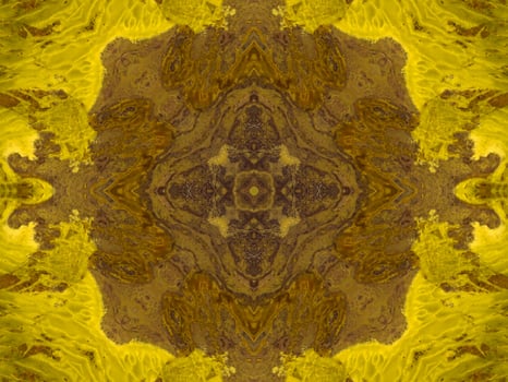 Reflection of colorful flowers in kaleidoscope pattern. Yellow and blue abstract background. Free photo. photo