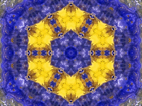 Reflection of colorful flowers in kaleidoscope pattern. Yellow and blue abstract background. Free photo. photo