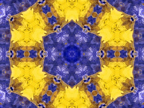 Reflection of colorful flowers in kaleidoscope pattern. Yellow and blue abstract background. Free photo. photo