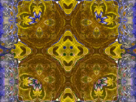 Reflection of colorful flowers in kaleidoscope pattern. Yellow and blue abstract background. Free photo. photo