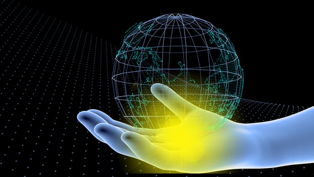 Block chain network concept 3d technology, background made of circle lines and particles. 3D rendering. photo