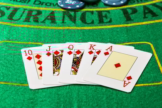 Royal Straight Flush with poker chips. Horizontal image. photo