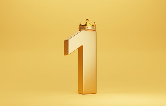 Golden number one with gold crown for champion or the winner on yellow background by 3d render. photo