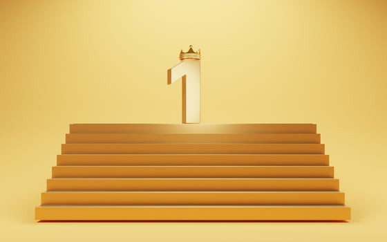 Golden number one with gold crown on the top of floor for champion or the winner on yellow background by 3d render. photo