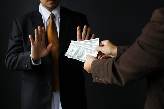 Corruption and Bribery,Businessman manager refusing receive money dollar bills to deal contract photo