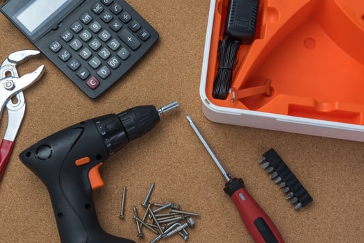 many handy tools, on wooden background top view with copy space for text, Labor day background photo