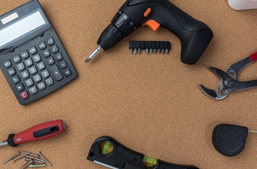 many handy tools, on wooden background top view with copy space for text, Labor day background photo