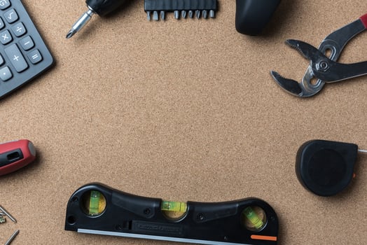 many handy tools, on wooden background top view with copy space for text, Labor day background photo