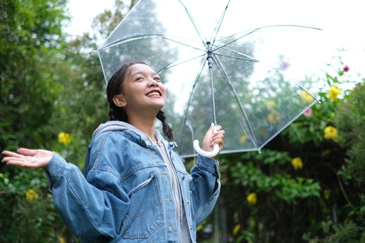 Smile young girl having fun in rainy. photo
