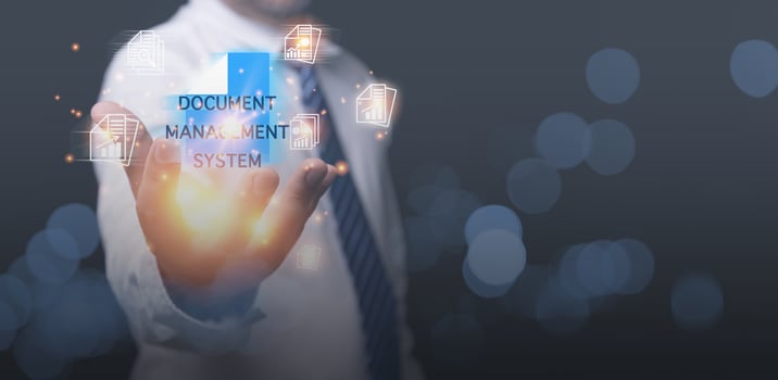 Document Management System. Businessman holding folder database and document icon. Management digital documentation online corporate files and information. Internet Technology Business  Concept. photo
