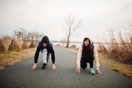 Mother with son getting ready for race. photo