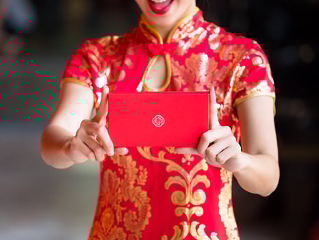 Asian women in Chinese national costumes hold greeting card for the Chinese New Year event photo