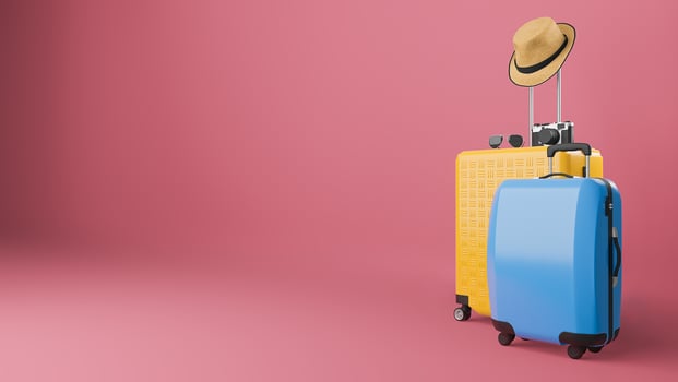 Yellow and blue suitcase with sun hat and glasses, camera on pastel background., travel concept.,3d illustration. photo