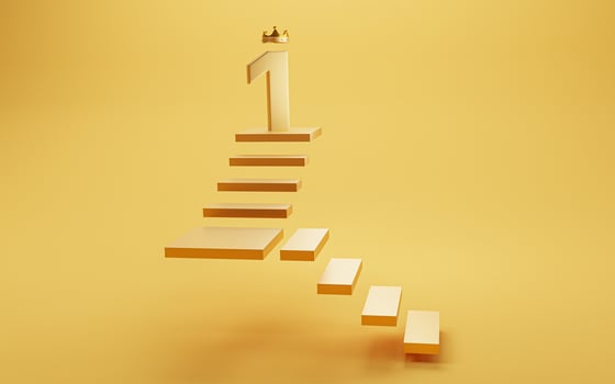 Golden number one with gold crown on the top of floor for champion or the winner on yellow background by 3d render. photo
