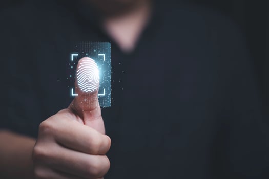 Thumbs up with virtual fingerprint to scan biometric identity and access password thru fingerprints for technology security system and prevent hacker concept. photo