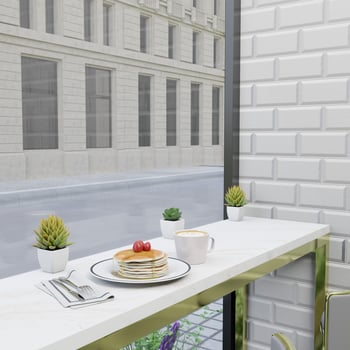 3D rendering hot coffee and pancakes are placed on a white marble bar table in a cafe. photo