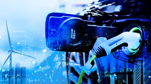 Vehicle electric EV car alternative technology charge battery with wind turbine blue sky blur bokeh cityscape on background. Idea nature electric energy generates electricity. Green drive eco concept. photo