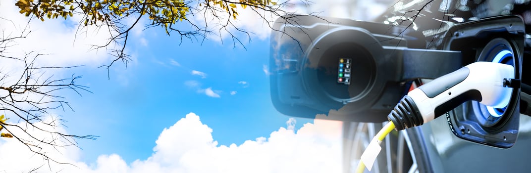 Car environment friendly concept. Charge EV car vehicle electric battery on station with copyspace blue sky on panoramic background. Idea nature electric energy technology green eco. Double exposure. photo