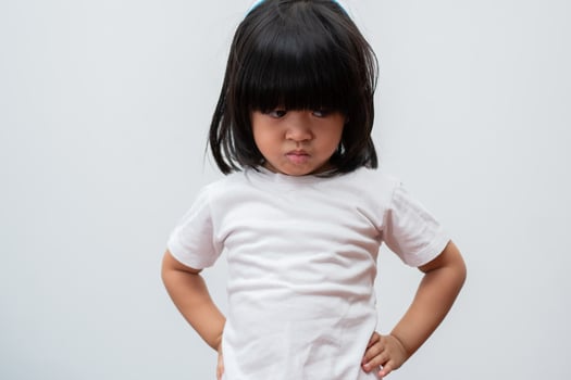 Portrait of Asian angry and sad little girl on white isolated background, The emotion of a child when tantrum and mad, expression grumpy emotion. Kid emotional control concept photo