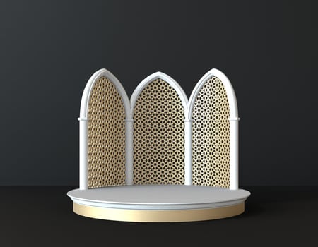 white and gold islamic 3d interior scene with pedestal in black background. stage to show cosmetic products 3d renderings photo