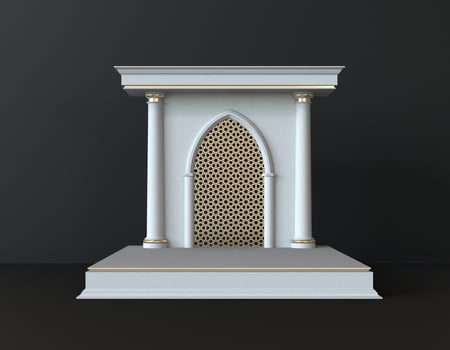 white and gold islamic 3d interior scene with pedestal in black background. stage to show cosmetic products 3d renderings photo