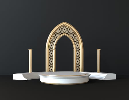 white and gold islamic 3d interior scene with pedestal in black background. stage to show cosmetic products 3d renderings photo